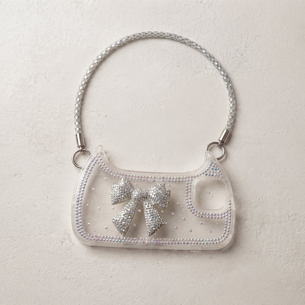 Sparkly Crystal Rhinestone Bow Clear Phone Case with Chain Strap for iPhone 13