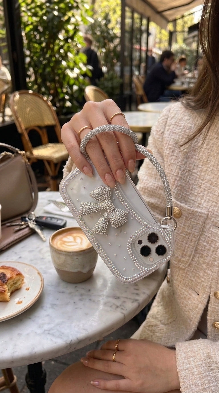 Sparkly Crystal Rhinestone Bow Clear Phone Case with Chain Strap for iPhone 13