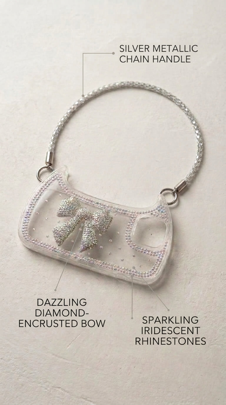 Sparkly Crystal Rhinestone Bow Clear Phone Case with Chain Strap for iPhone 13
