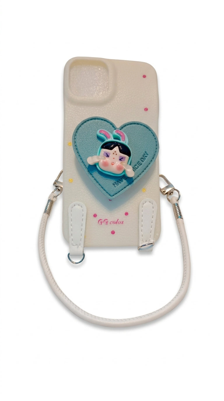 3D Cartoon Cute Heart Leatherette Crossbody Phone Case with Strap