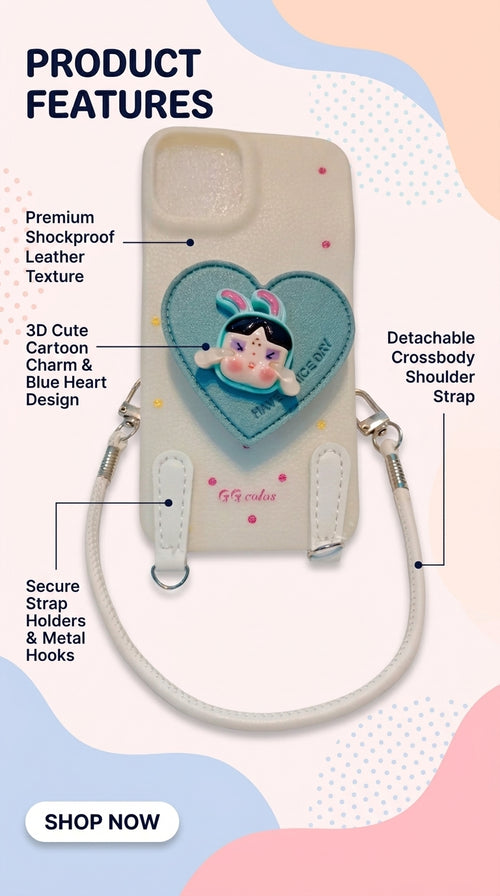 3D Cartoon Cute Heart Leatherette Crossbody Phone Case with Strap