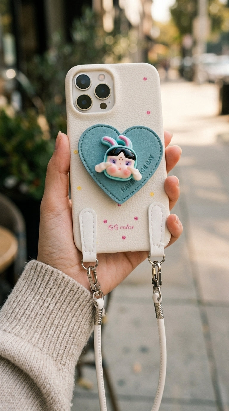 3D Cartoon Cute Heart Leatherette Crossbody Phone Case with Strap