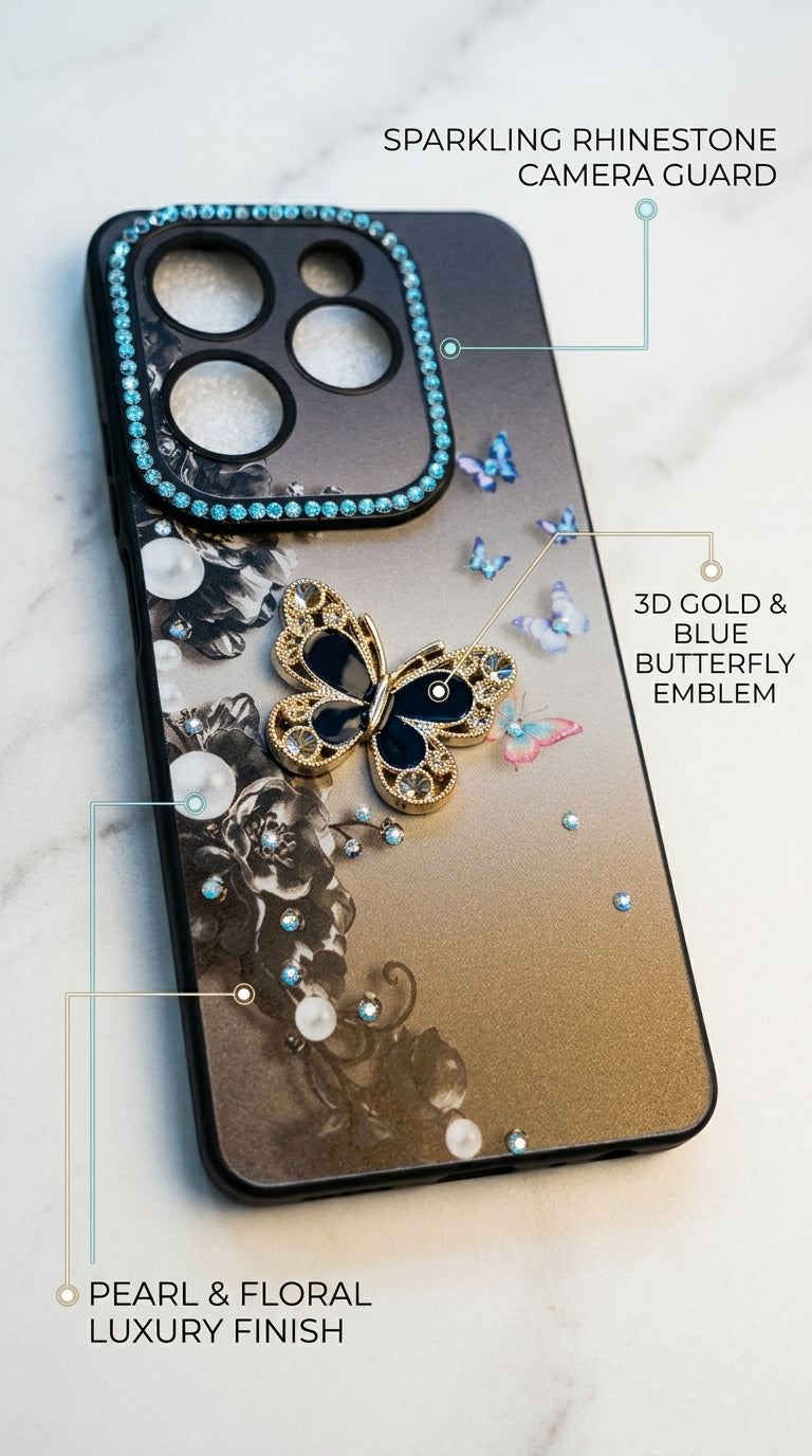 Luxury Elegant Blue Butterfly Diamond Mobile Cover Hot 14 Pro